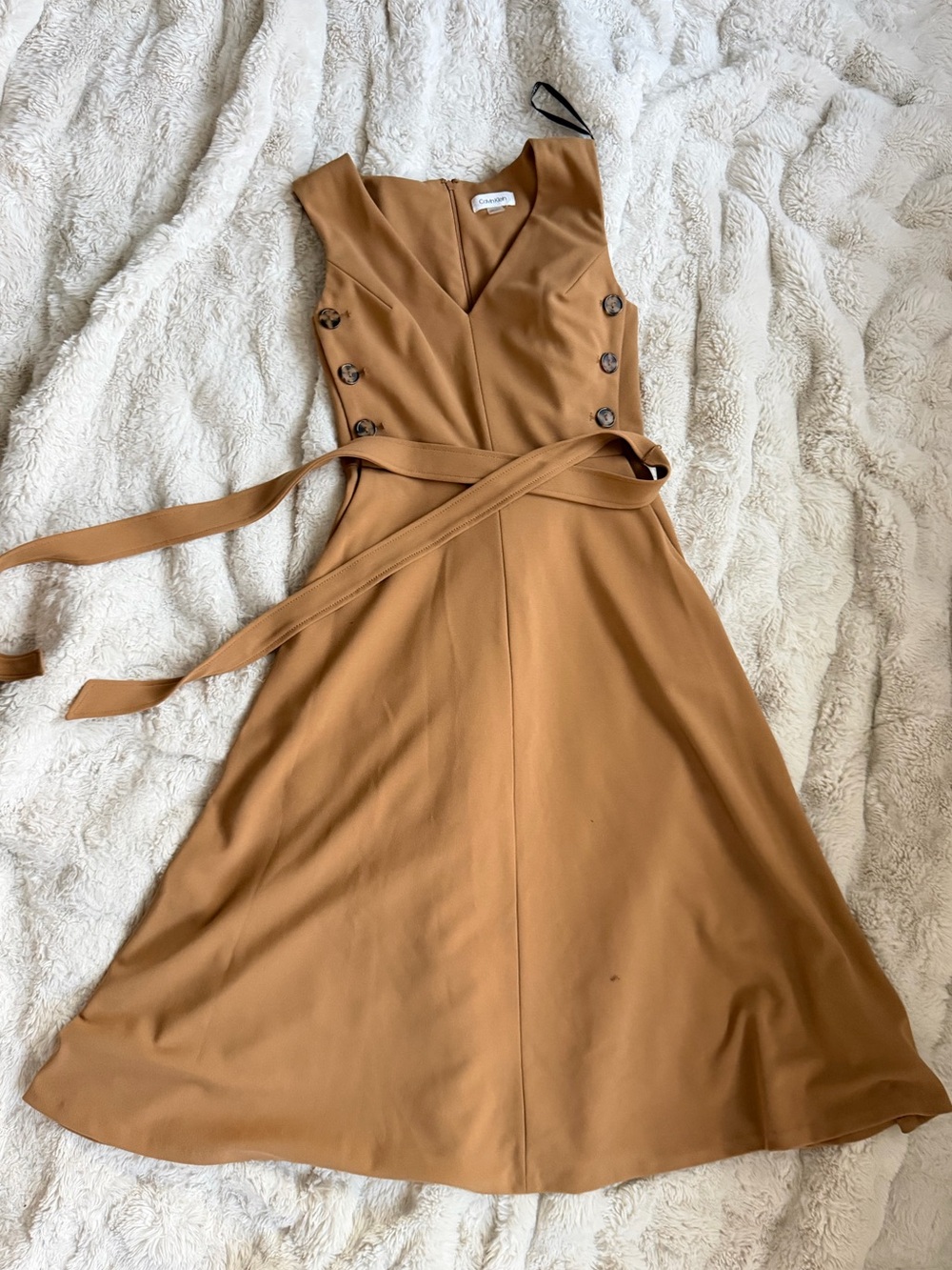 Calvin Klein Tan Sleeveless V-Neck Wrap Midi Dress